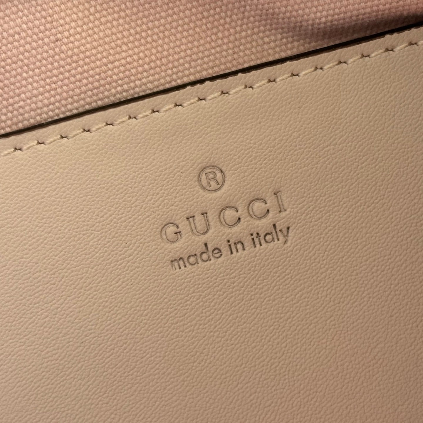 GUCCI 26S  EMBLEM BUCKET BAG 22 IN LIGHT PINK COATED FABRIC