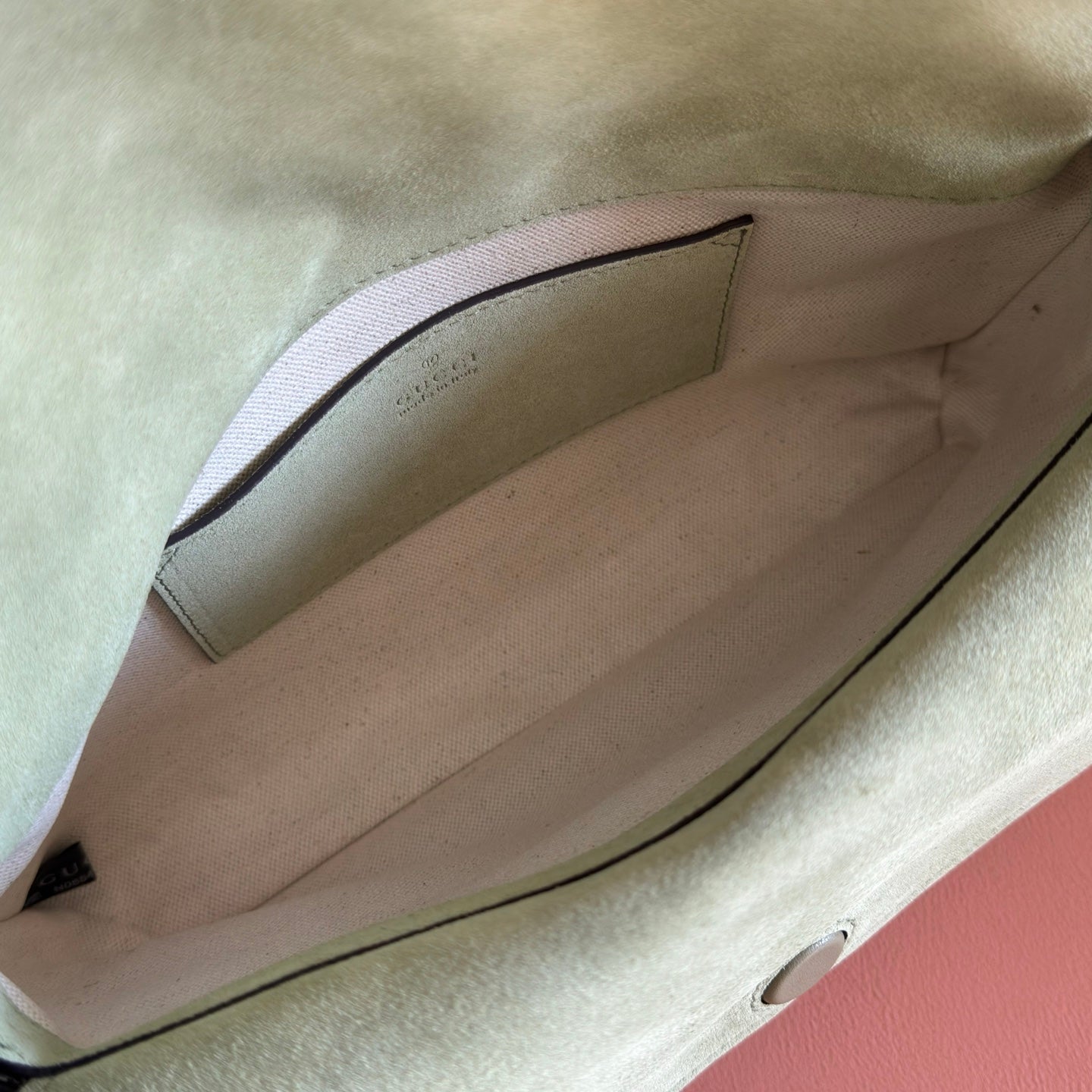 GUCCI 26S SHOULDER BAG 28 IN SAGE GREEN EMBOSSED SUEDE