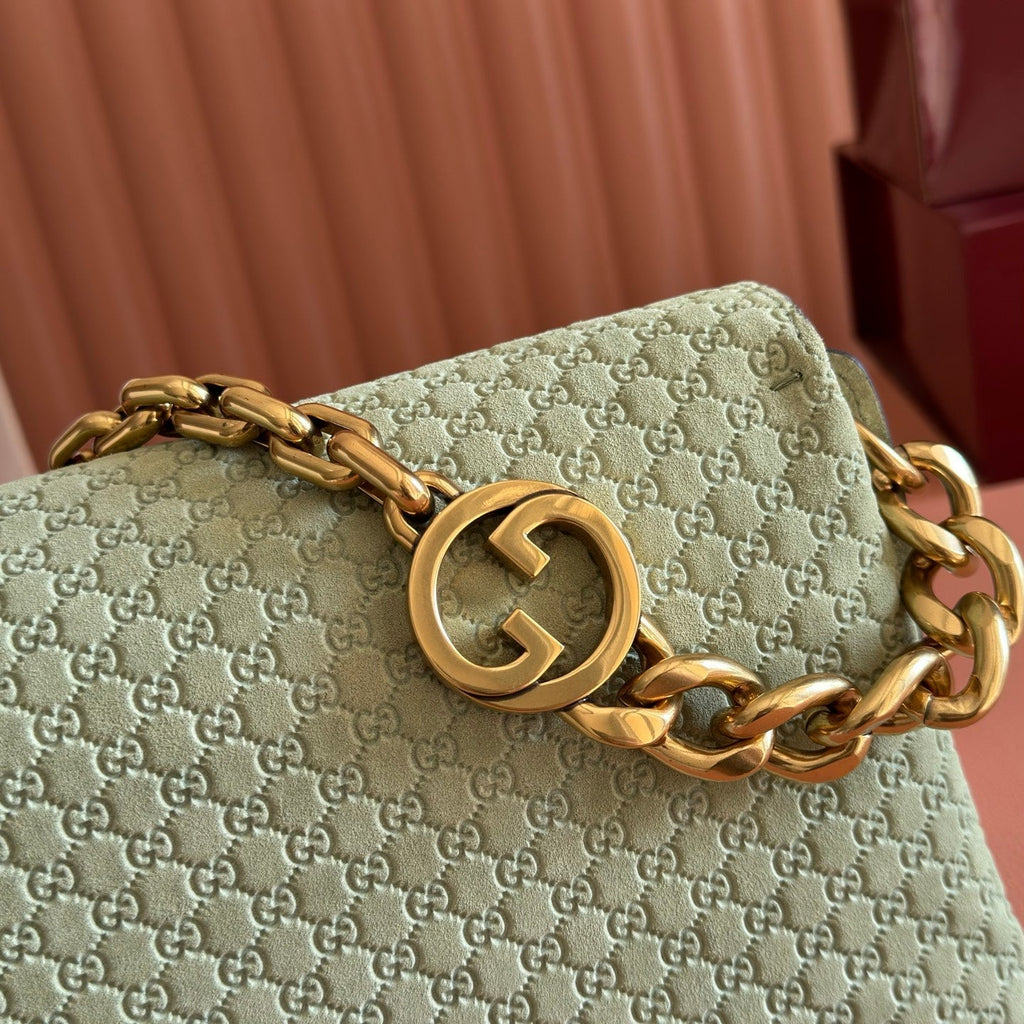 GUCCI 26S SHOULDER BAG 28 IN SAGE GREEN EMBOSSED SUEDE