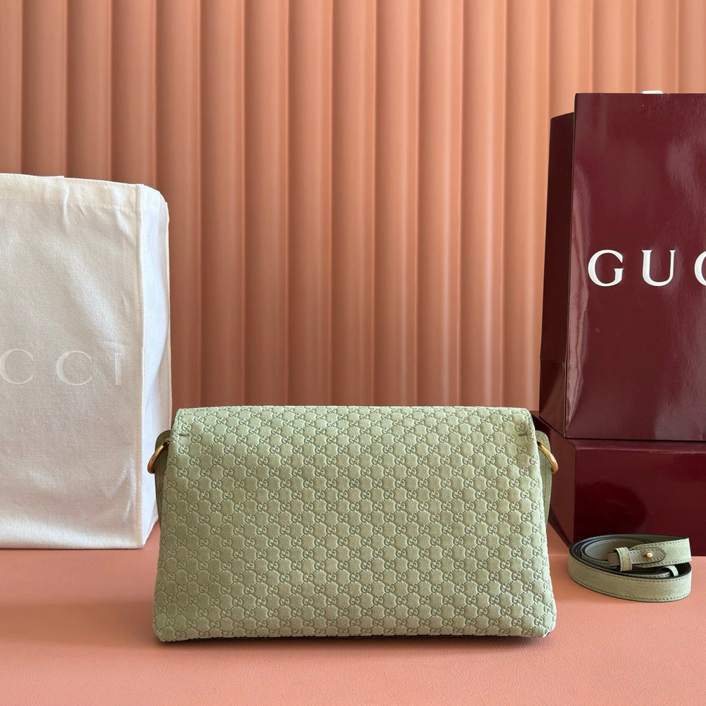 GUCCI 26S SHOULDER BAG 28 IN SAGE GREEN EMBOSSED SUEDE