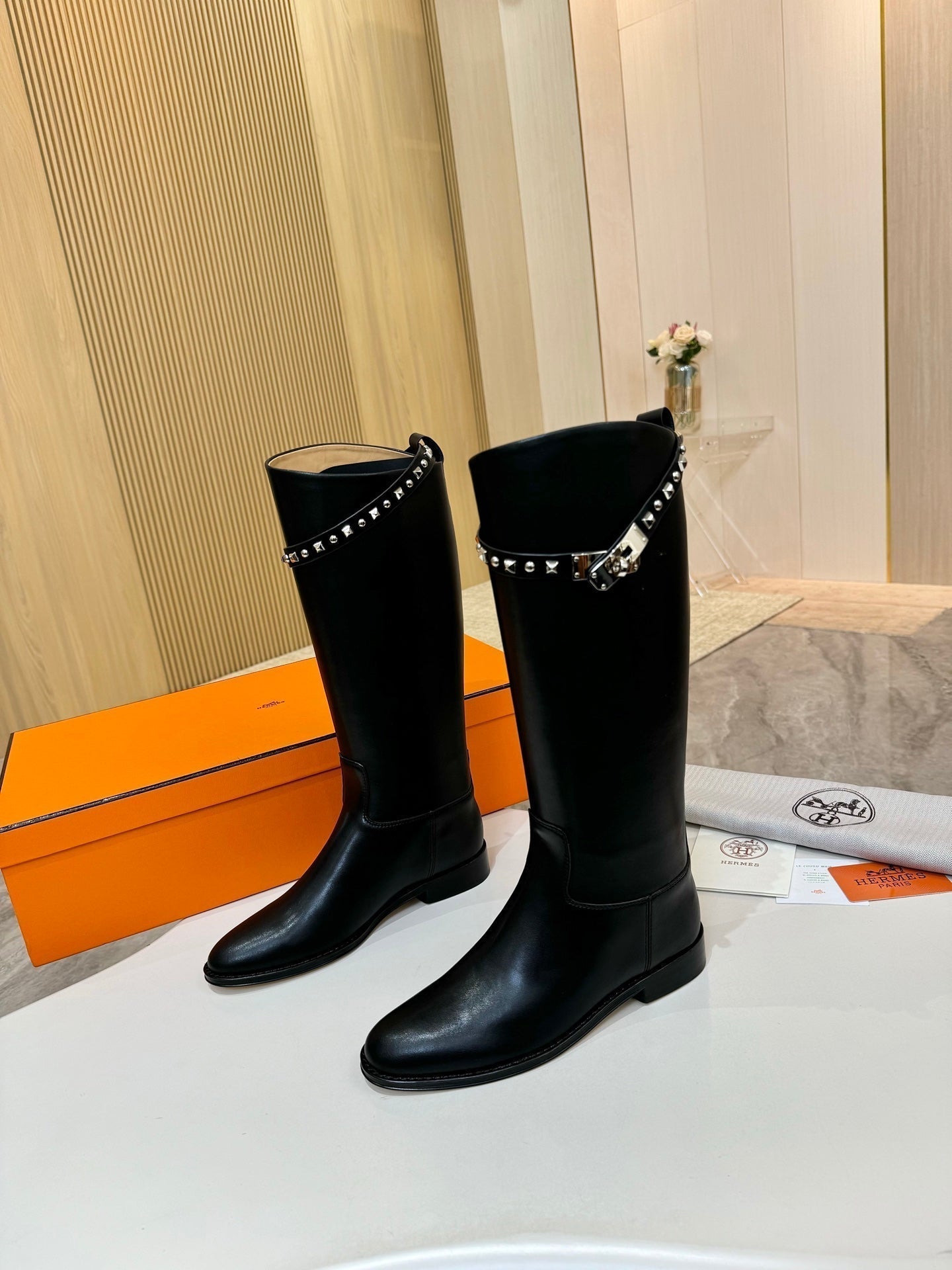 HERMES 25S KNEE-HIGH FLAT BOOTS IN BLACK LAMBSKIN WITH SILVER HARDWARE
