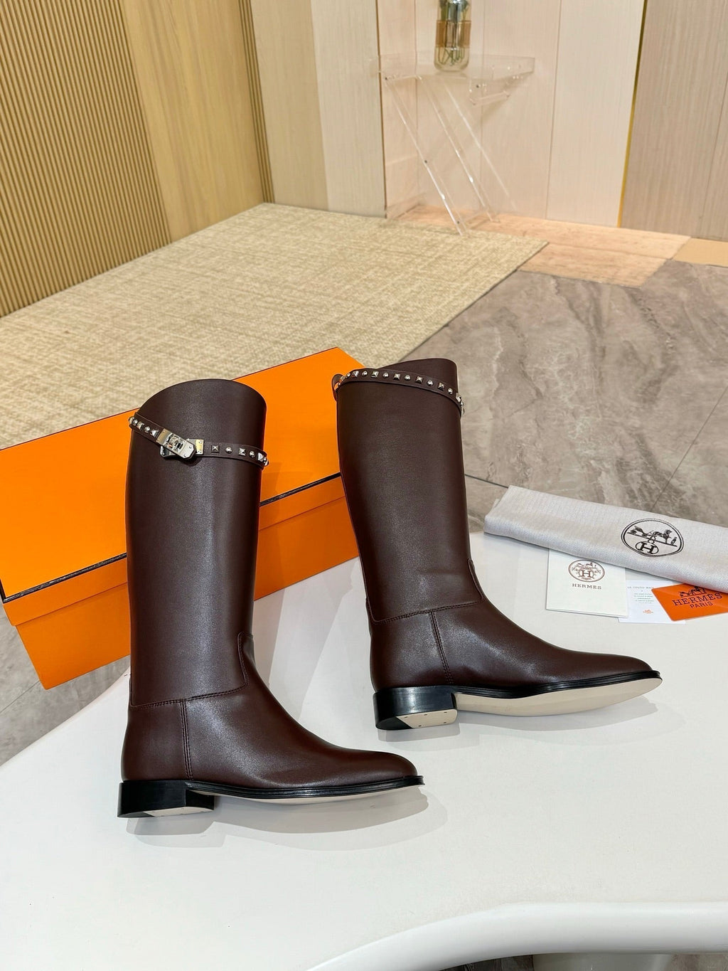 HERMES 25S KNEE-HIGH FLAT BOOTS IN DARK BROWN LAMBSKIN WITH SILVER HARDWARE