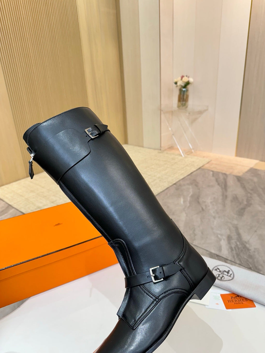 HERMES 25S RIDING BOOTS IN BLACK LAMBSKIN WITH SILVER HARDWARE