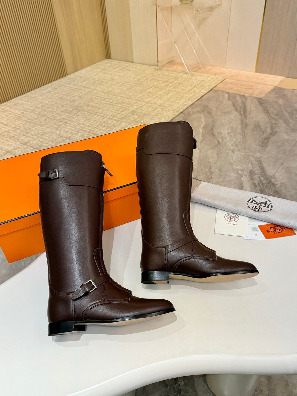 HERMES 25S RIDING BOOTS IN DARK BROWN LAMBSKIN WITH SILVER HARDWARE