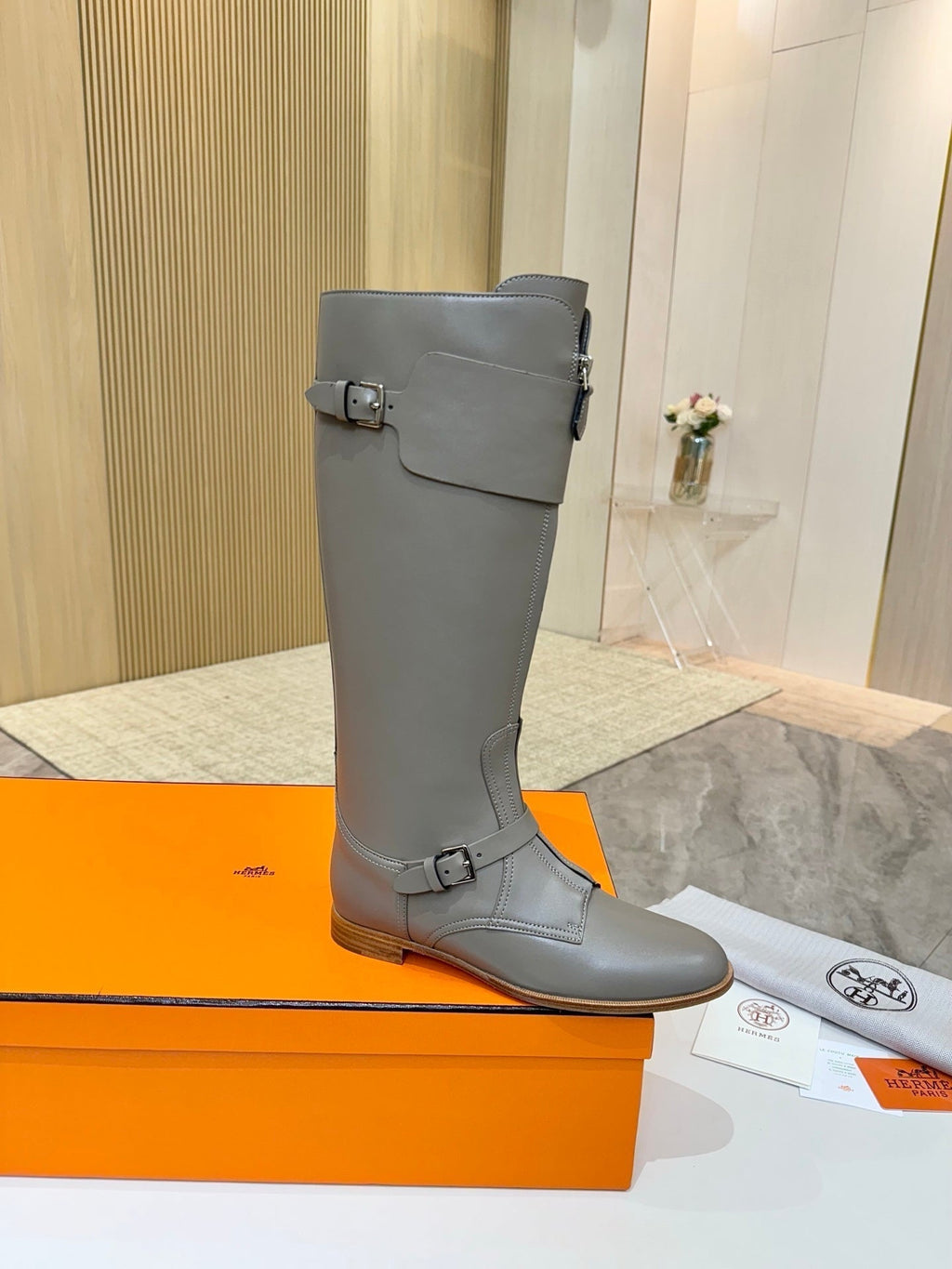 HERMES 25S RIDING BOOTS IN GREY LAMBSKIN WITH SILVER HARDWARE
