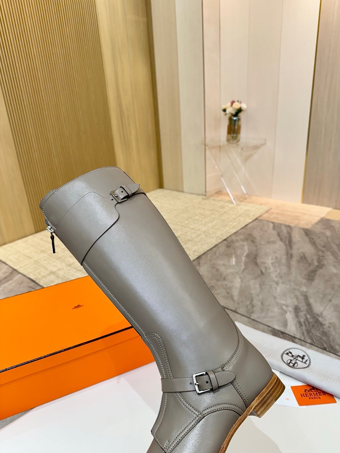 HERMES 25S RIDING BOOTS IN GREY LAMBSKIN WITH SILVER HARDWARE