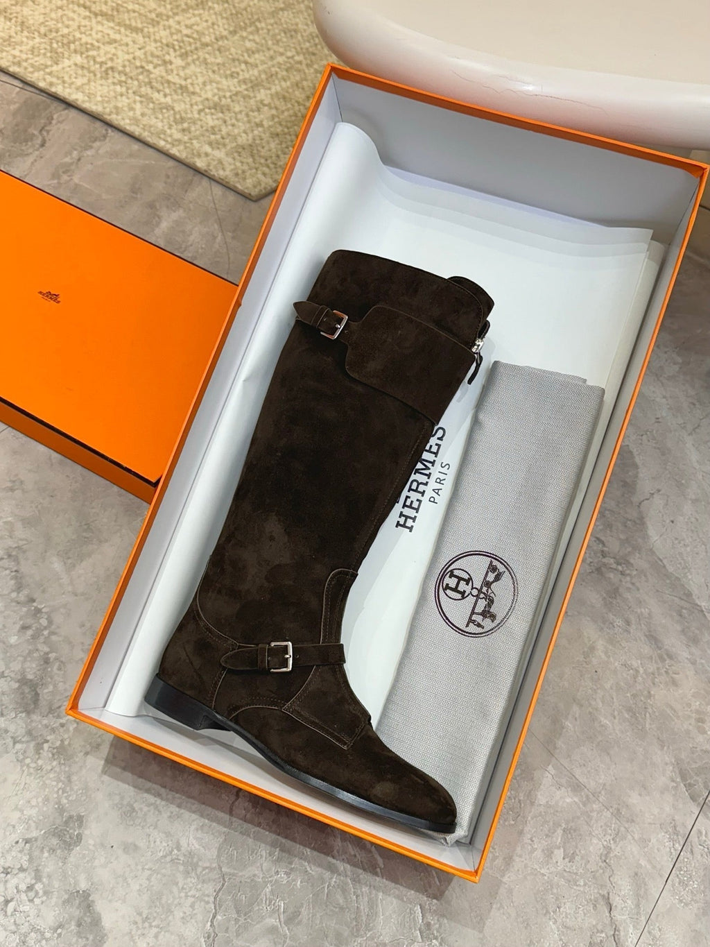 HERMES 25S RIDING BOOTS IN DARK COFFEE BROWN SUEDE WITH SILVER HARDWARE