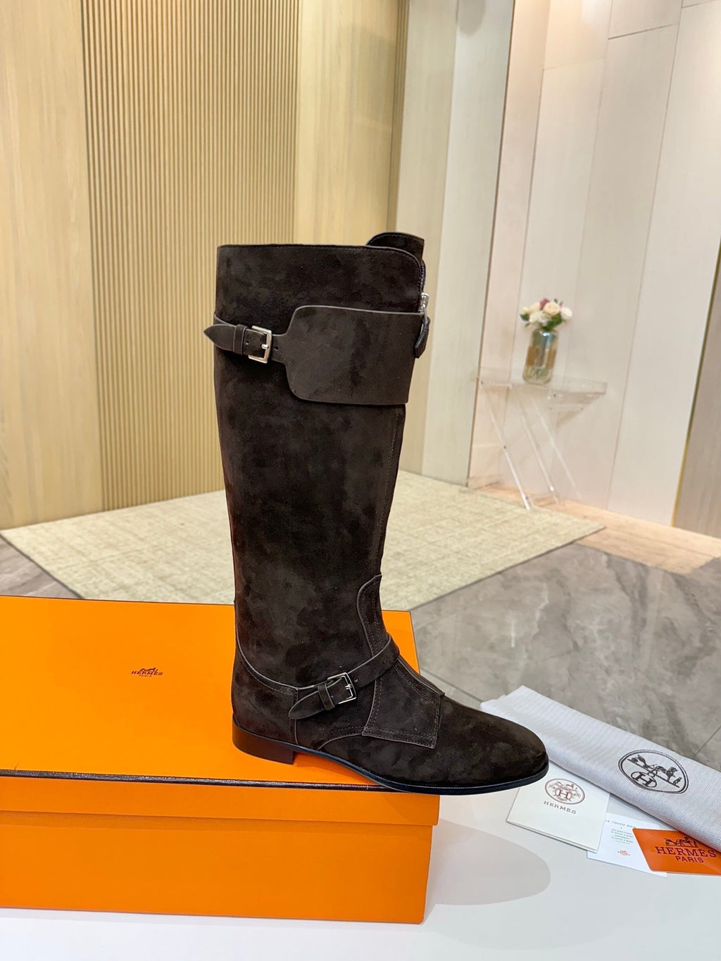 HERMES 25S RIDING BOOTS IN DARK COFFEE BROWN SUEDE WITH SILVER HARDWARE
