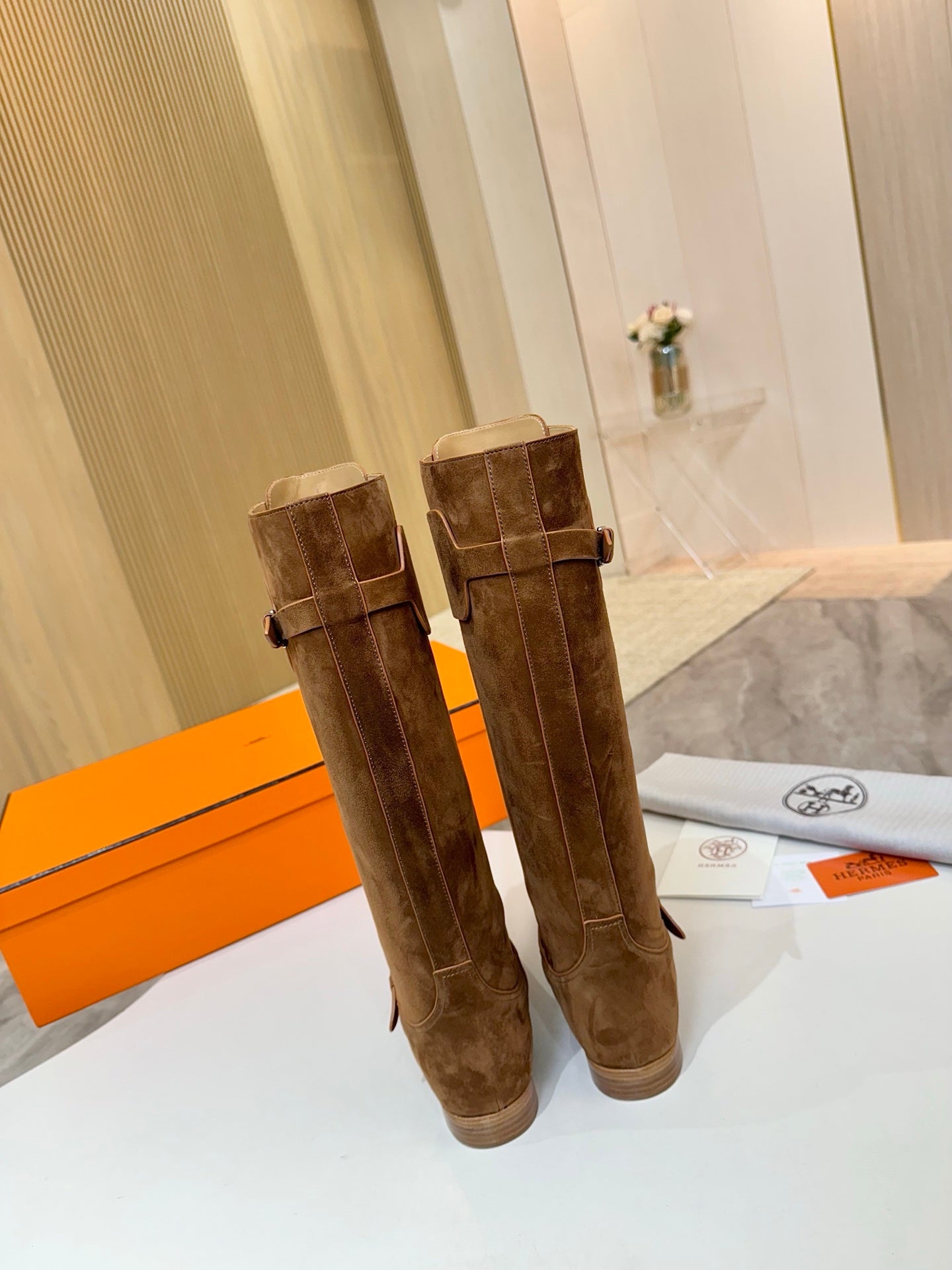 HERMES 25S RIDING BOOTS IN BROWN SUEDE WITH SILVER HARDWARE