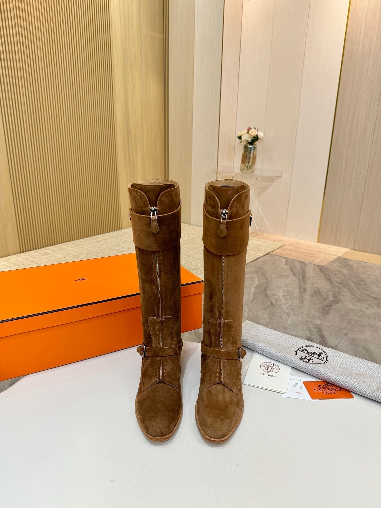 HERMES 25S RIDING BOOTS IN BROWN SUEDE WITH SILVER HARDWARE