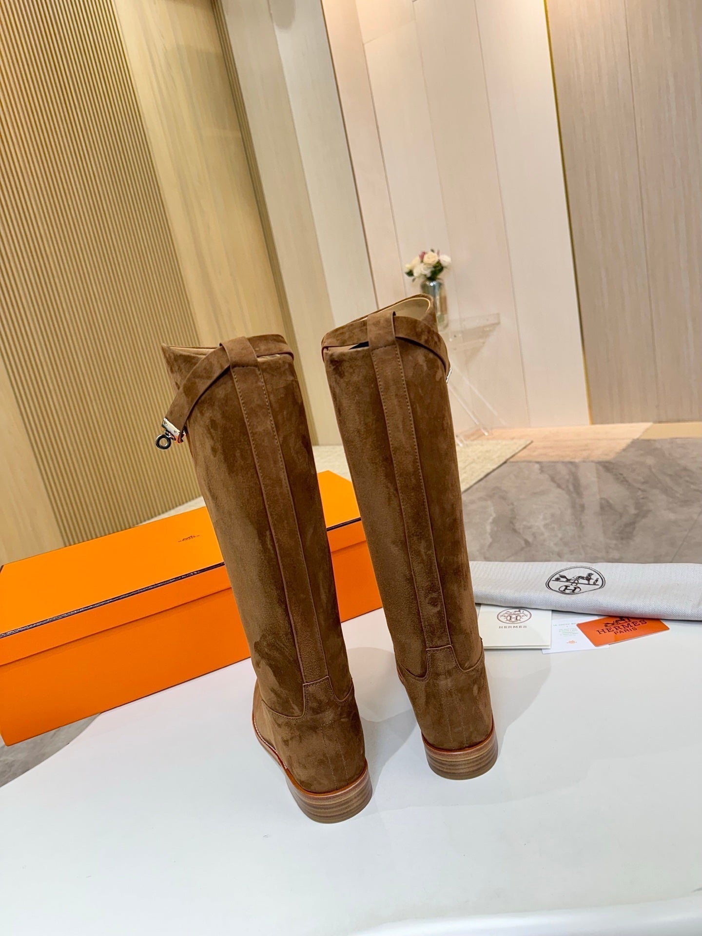HERMES 25S JUMPING KNEE-HIGH BOOTS IN BROWN SUEDE WITH SILVER HARDWARE