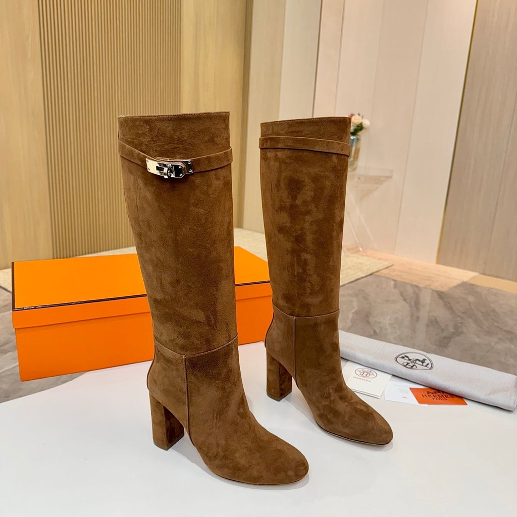 HERMES 25S KELLY KNEE-HIGH BOOTS IN BROWN SUEDE WITH SILVER HARDWARE