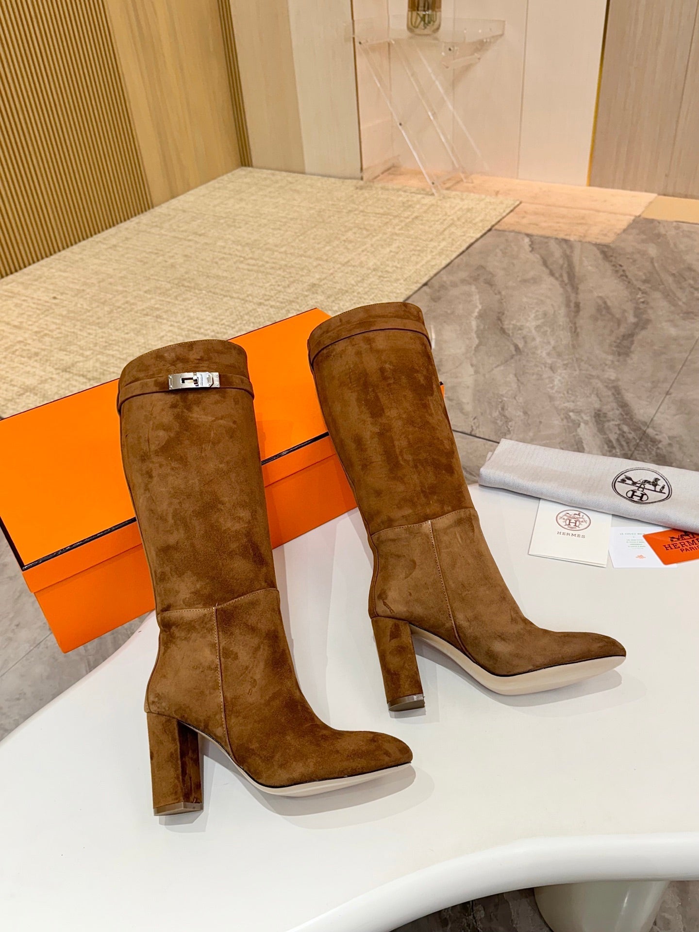 HERMES 25S KELLY KNEE-HIGH BOOTS IN BROWN SUEDE WITH SILVER HARDWARE