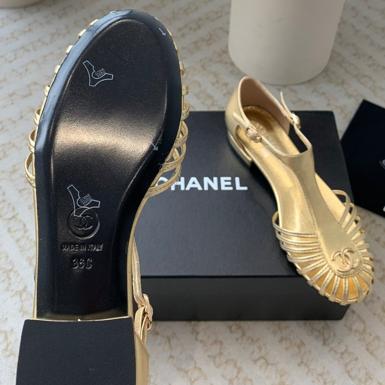 CHANEL Summer New Hollow Roman Sandals Gold Sheepskin