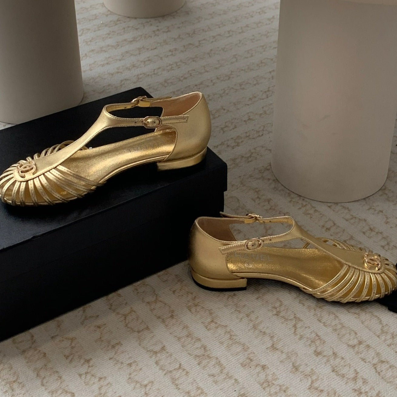 CHANEL Summer New Hollow Roman Sandals Gold Sheepskin