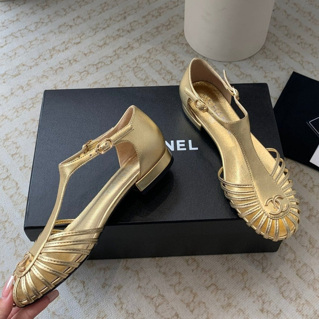 CHANEL Summer New Hollow Roman Sandals Gold Sheepskin