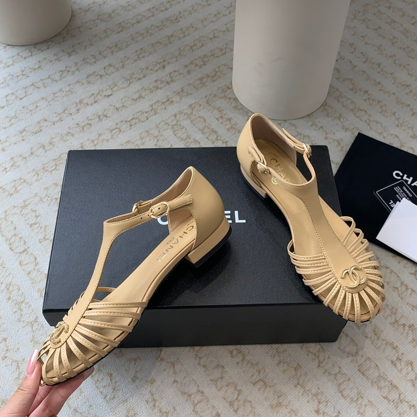 CHANEL Summer New Hollow Roman Sandals Metalic gold Sheepskin