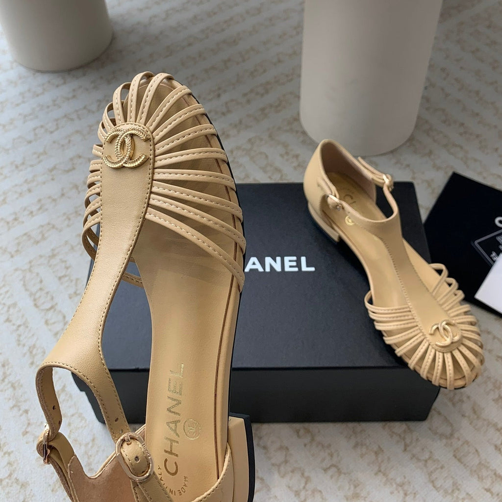 CHANEL Summer New Hollow Roman Sandals Metalic gold Sheepskin