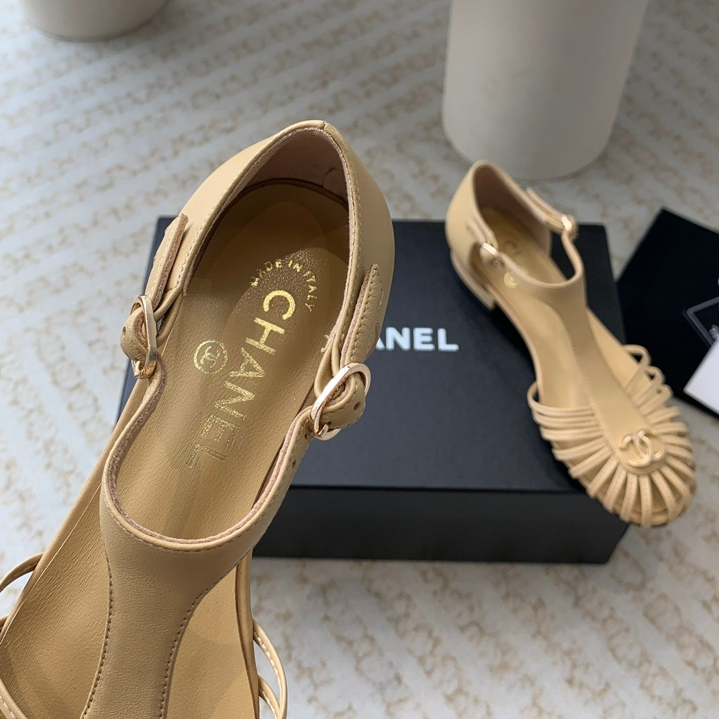 CHANEL Summer New Hollow Roman Sandals Metalic gold Sheepskin