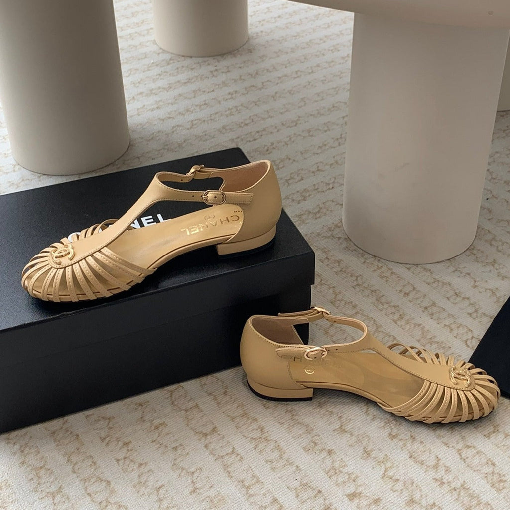 CHANEL Summer New Hollow Roman Sandals Metalic gold Sheepskin