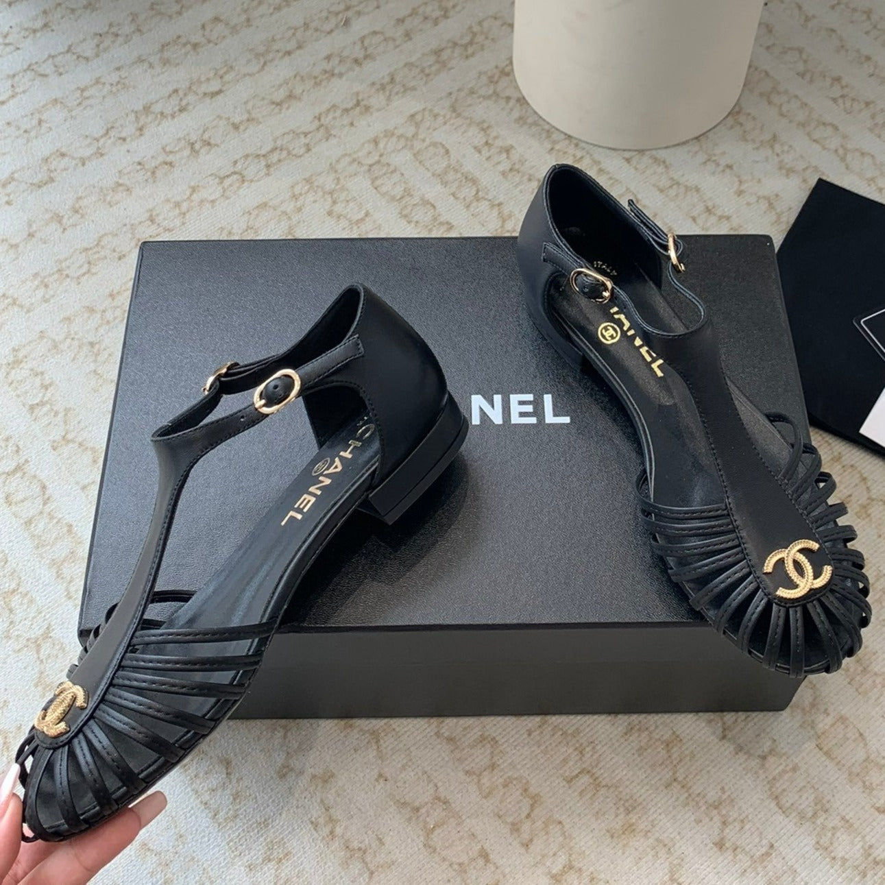CHANEL Summer New Hollow Roman Sandals Black Sheepskin