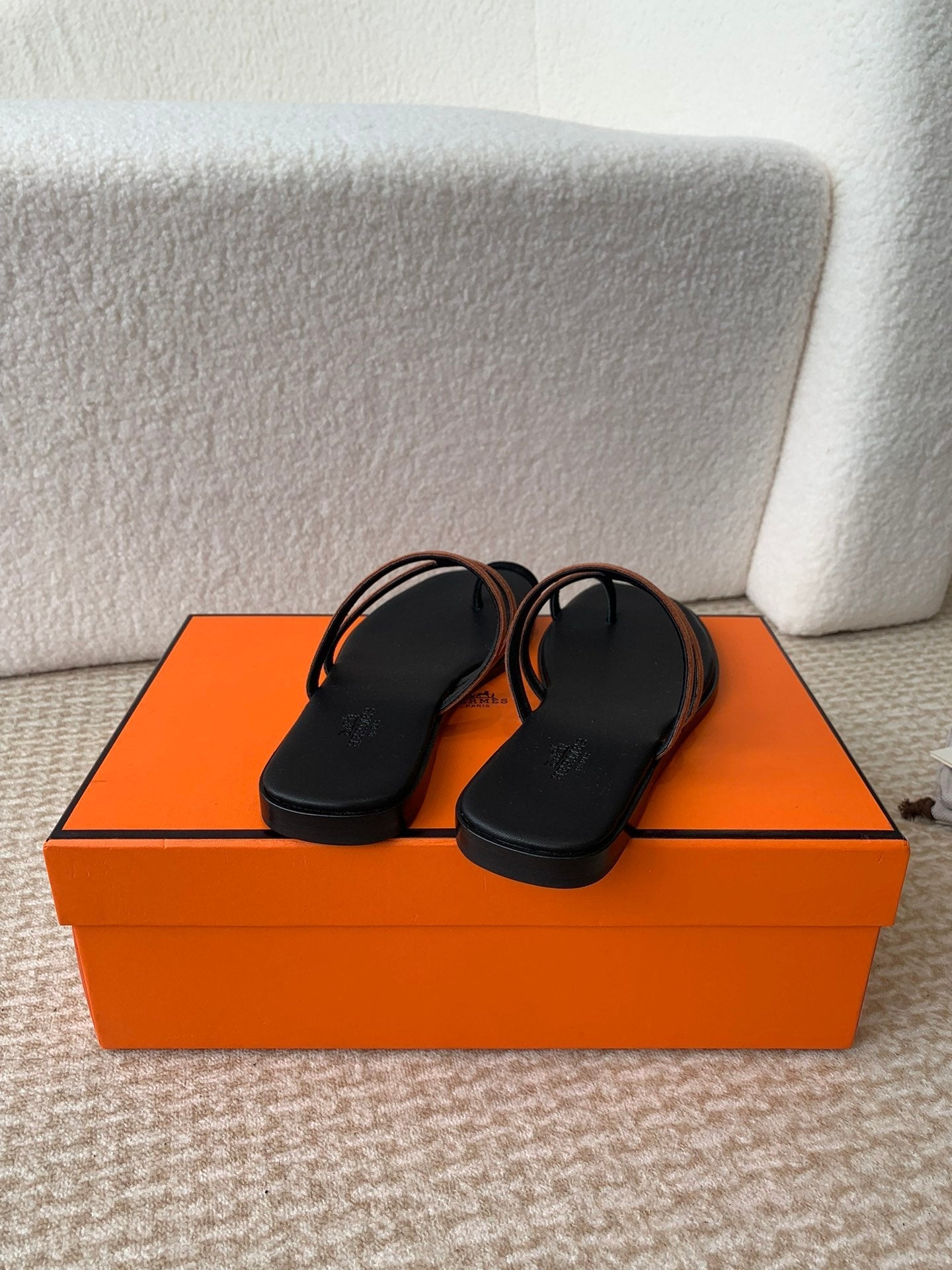 HERMES GEORGIA SANDALS BLACK MIX BROWN CALFSKIN