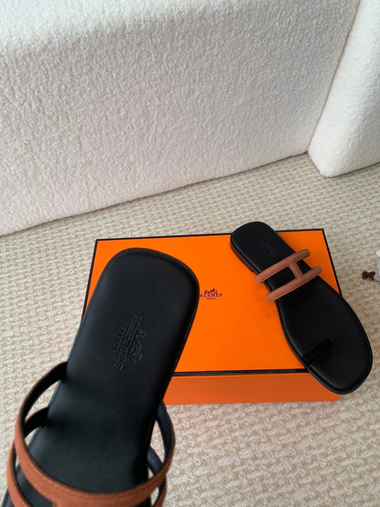 HERMES GEORGIA SANDALS BLACK MIX BROWN CALFSKIN