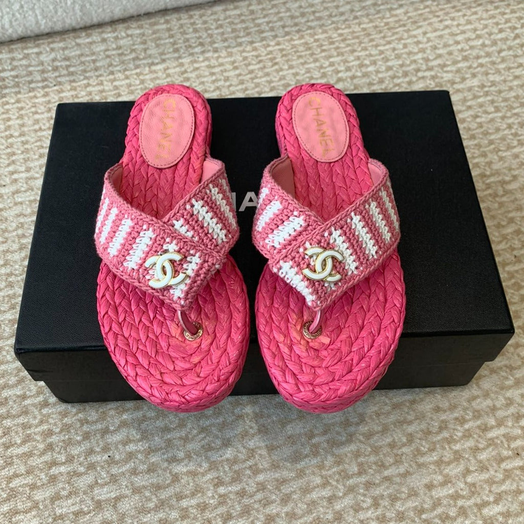 CHANEL Double C Hottest Knit Flip-Flops Bright Pink