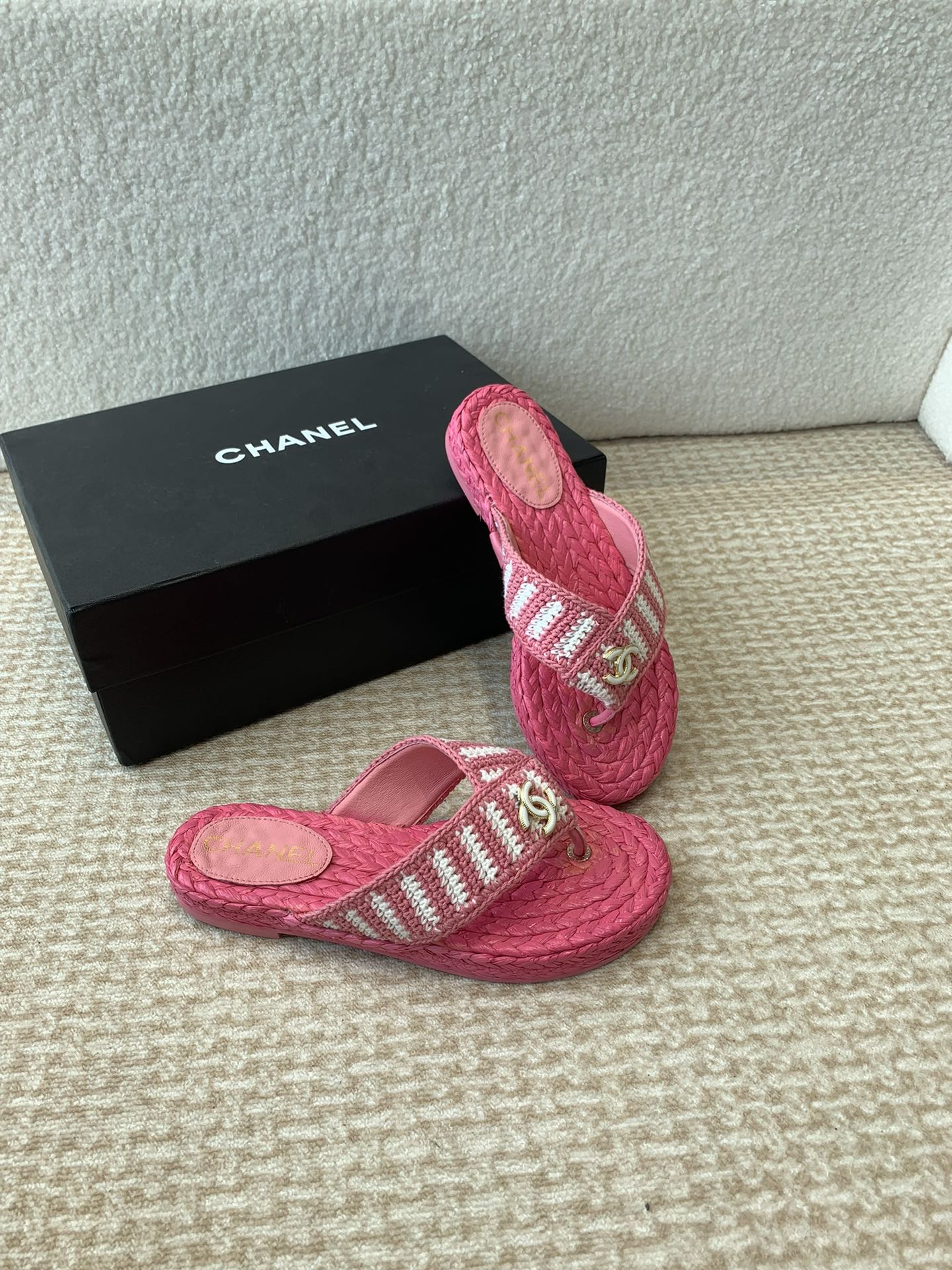CHANEL Double C Hottest Knit Flip-Flops Bright Pink