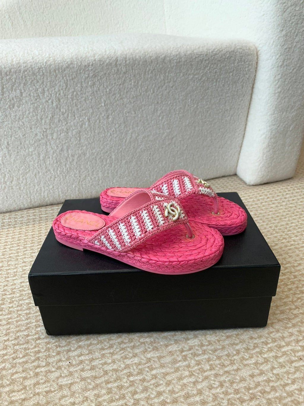 CHANEL Double C Hottest Knit Flip-Flops Bright Pink