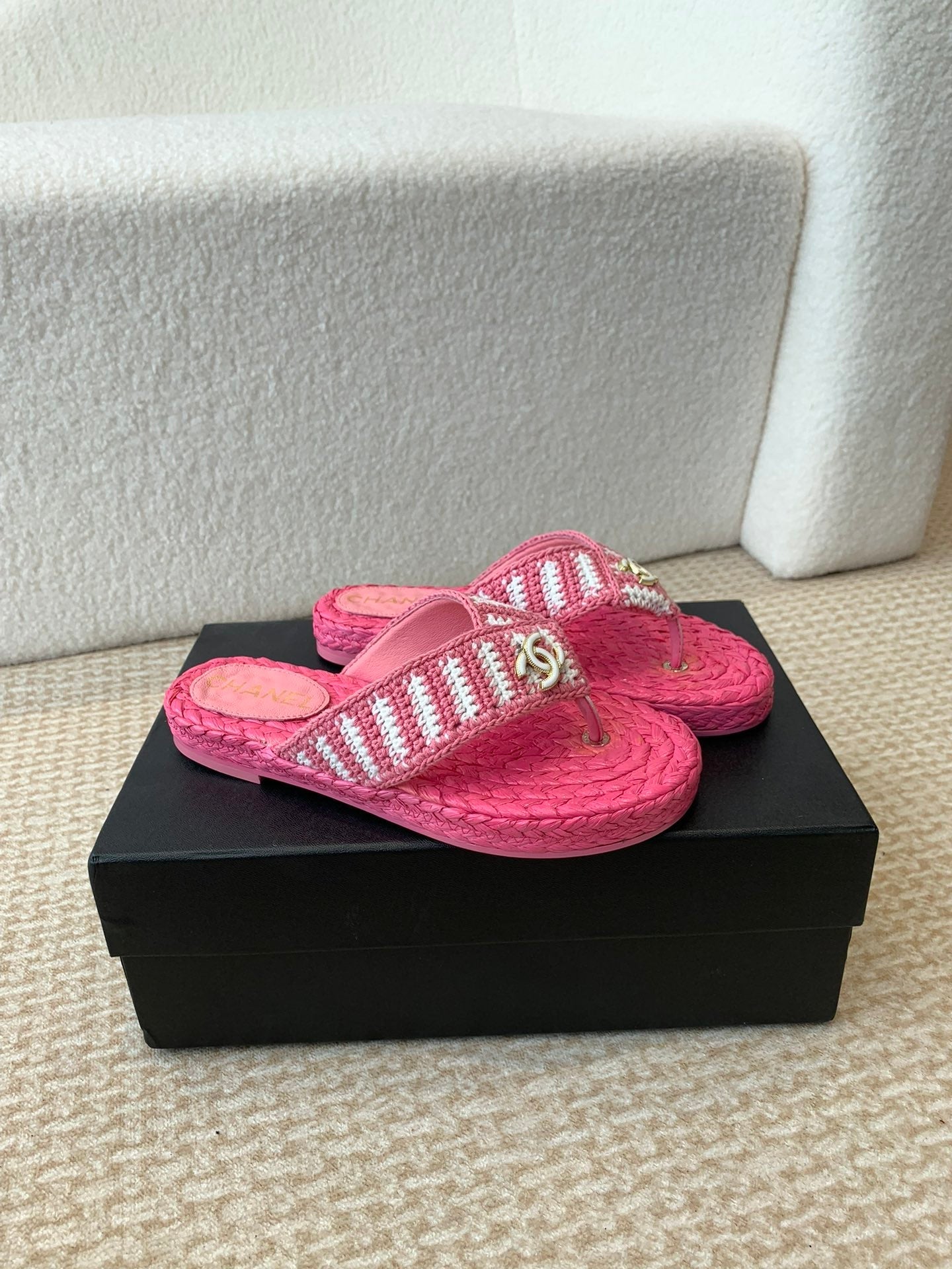 CHANEL Double C Hottest Knit Flip-Flops Bright Pink