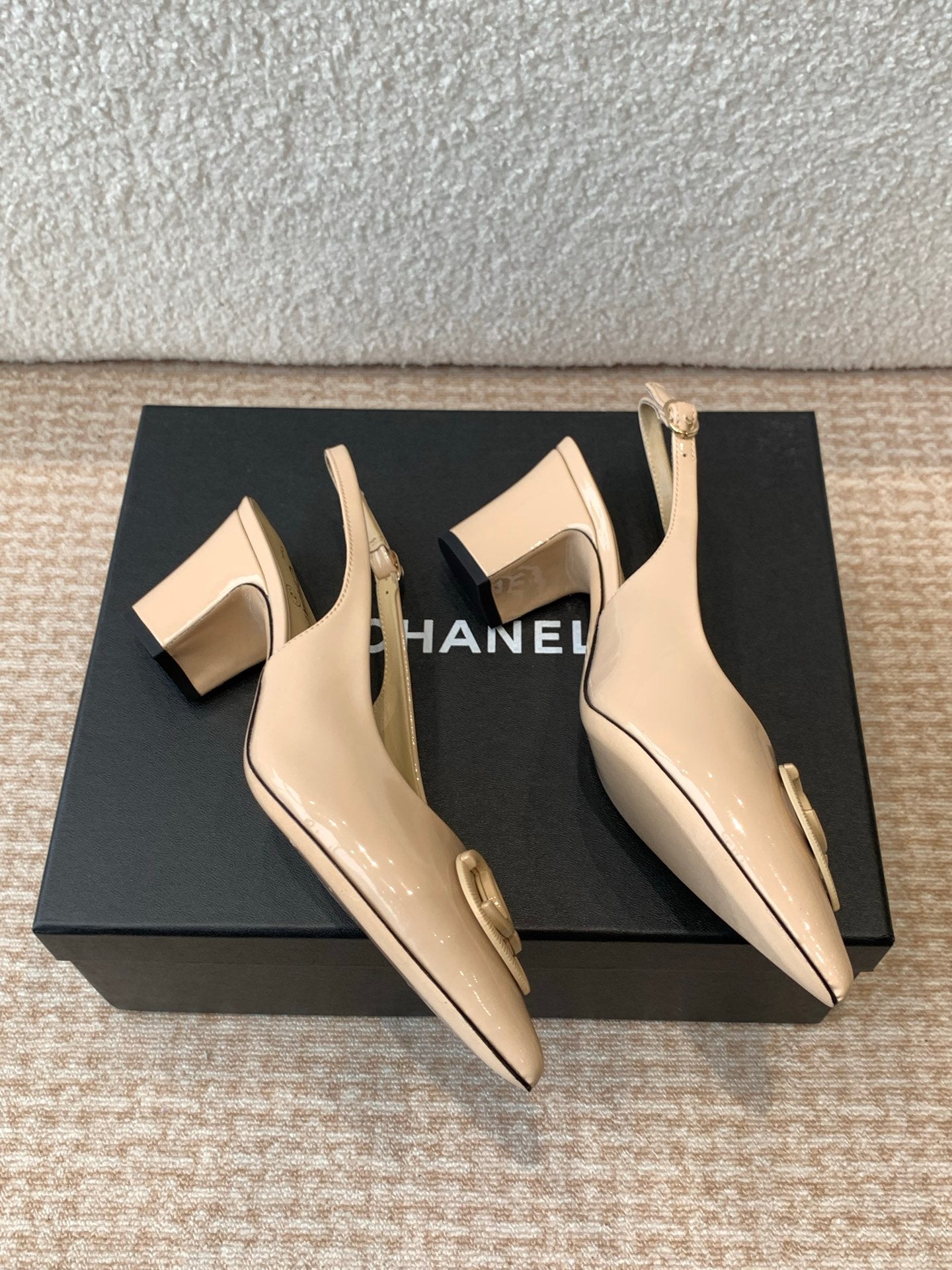 CHANEL MID-HEEL SLINGBACKS IN BISQUE BEIGE PATENT CALFSKIN