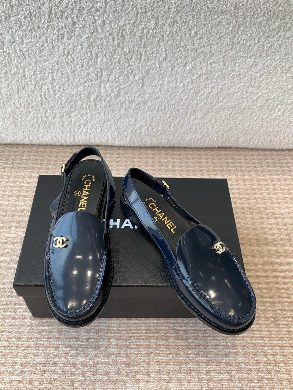 CHANEL MOASIN SLINGBACK IN AEGEAN BLUE PATENT CALFSKIN