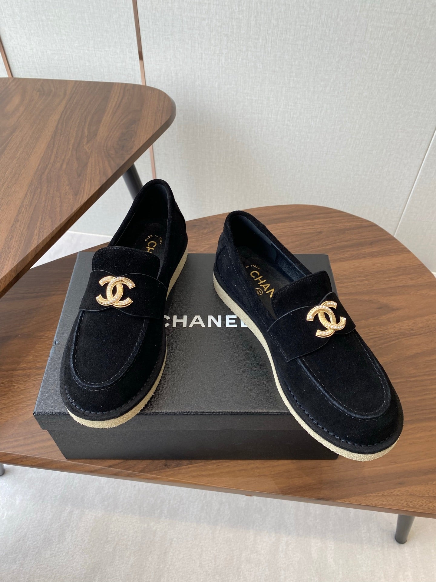 CHANEL LOAFERS IN BLACK SUEDE GOLD HARDWARE