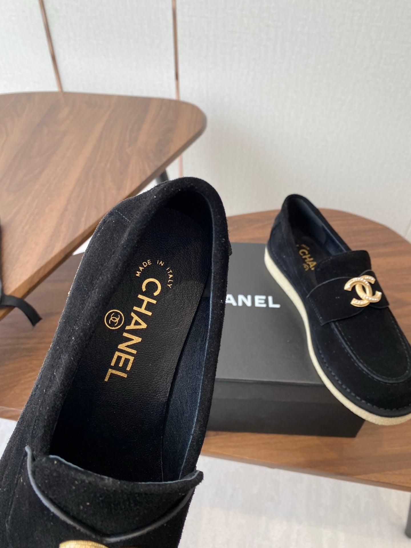 CHANEL LOAFERS IN BLACK SUEDE GOLD HARDWARE