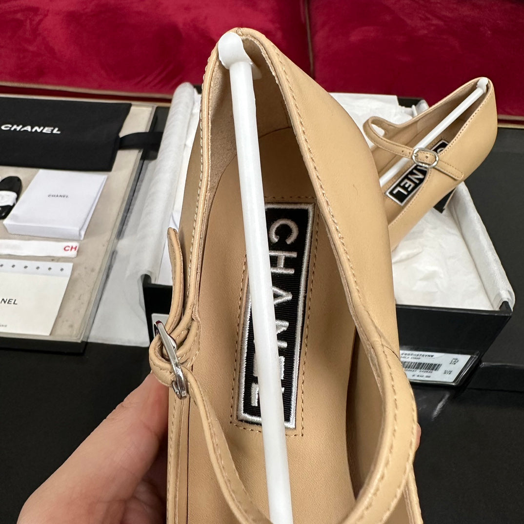 CHANEL HIGH MARY JANE IN DARK CREAM CALFSKIN AND BLACK SATIN