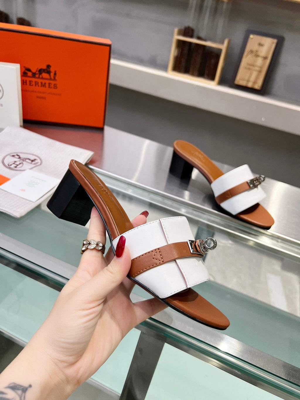 HERMES GIGI 50 SANDAL TAWNY MIX WHITE CALFSKIN