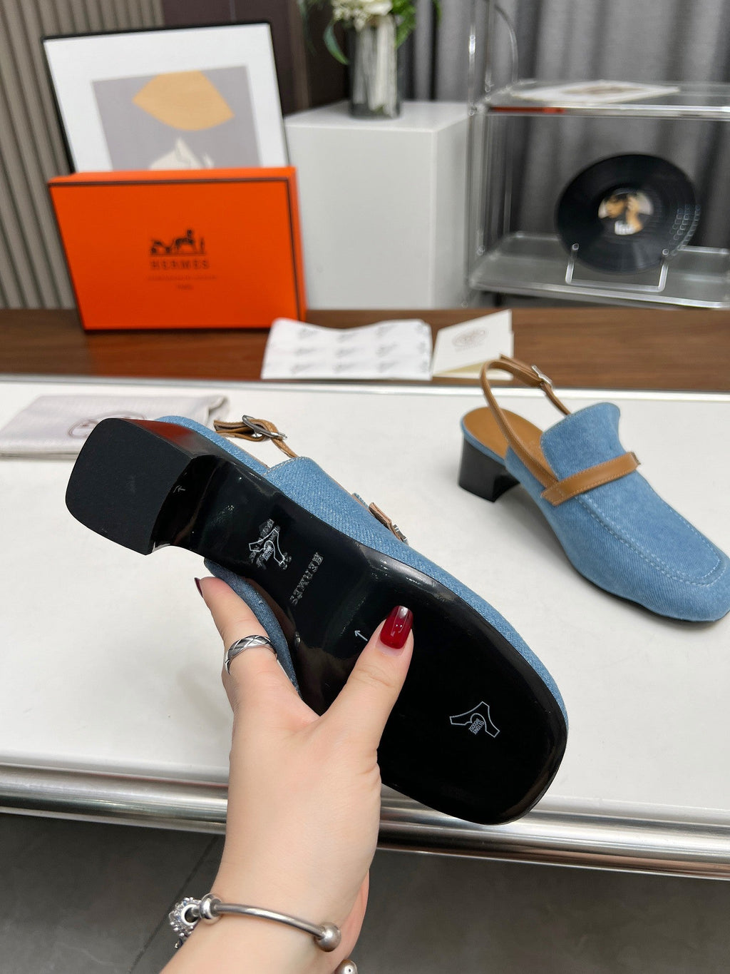 HERMES SQUARE TOE SLINGBACK DENIM CALFSKIN