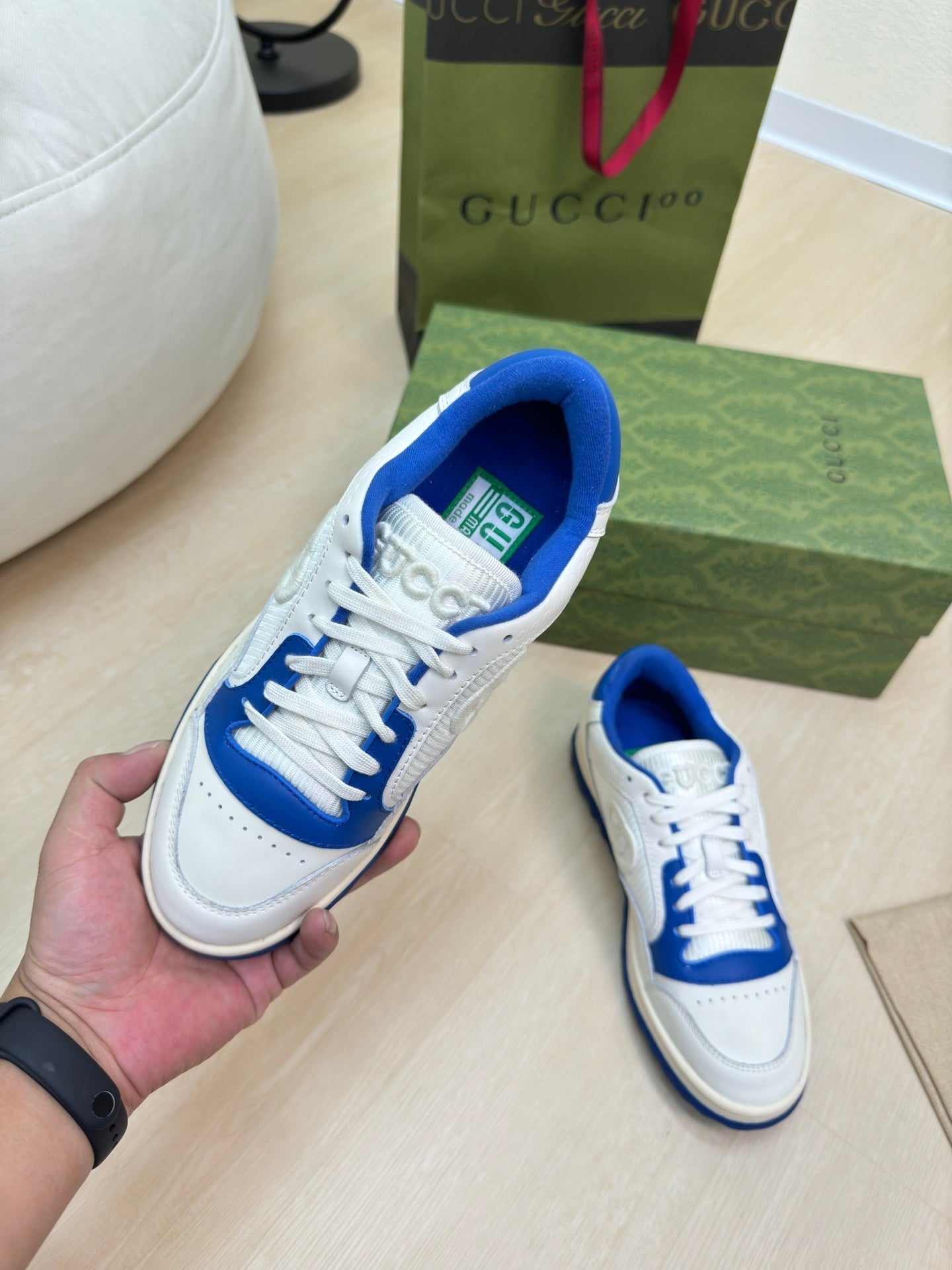 GUCCI INTERLOCKING G SNEAKER BLUE WHITE CALFSKIN AND FABRIC