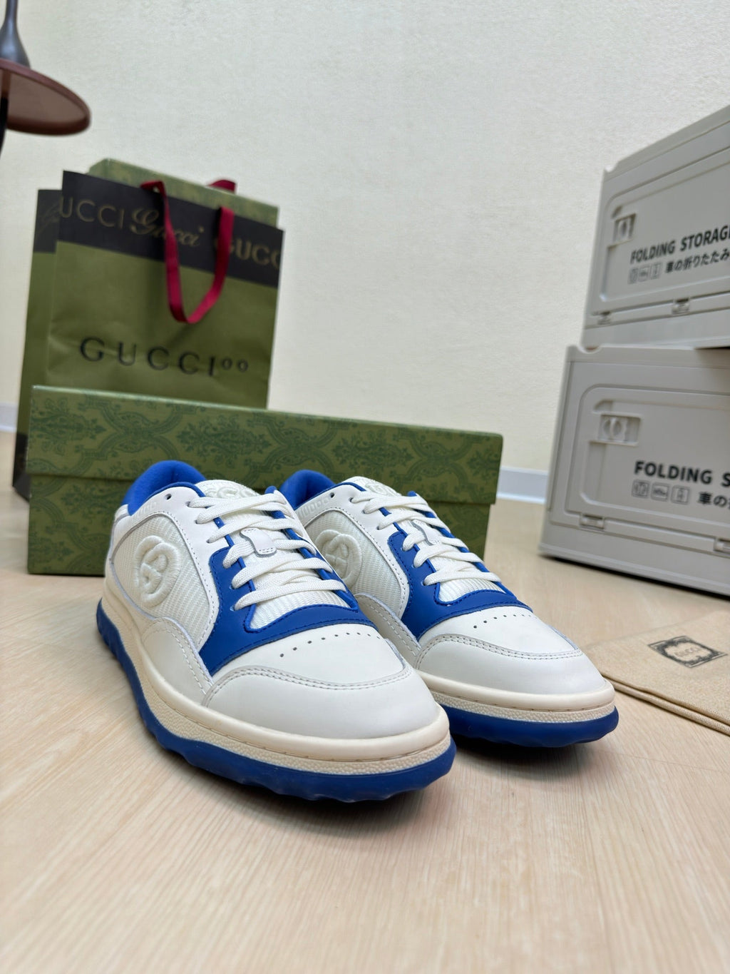 GUCCI INTERLOCKING G SNEAKER BLUE WHITE CALFSKIN AND FABRIC