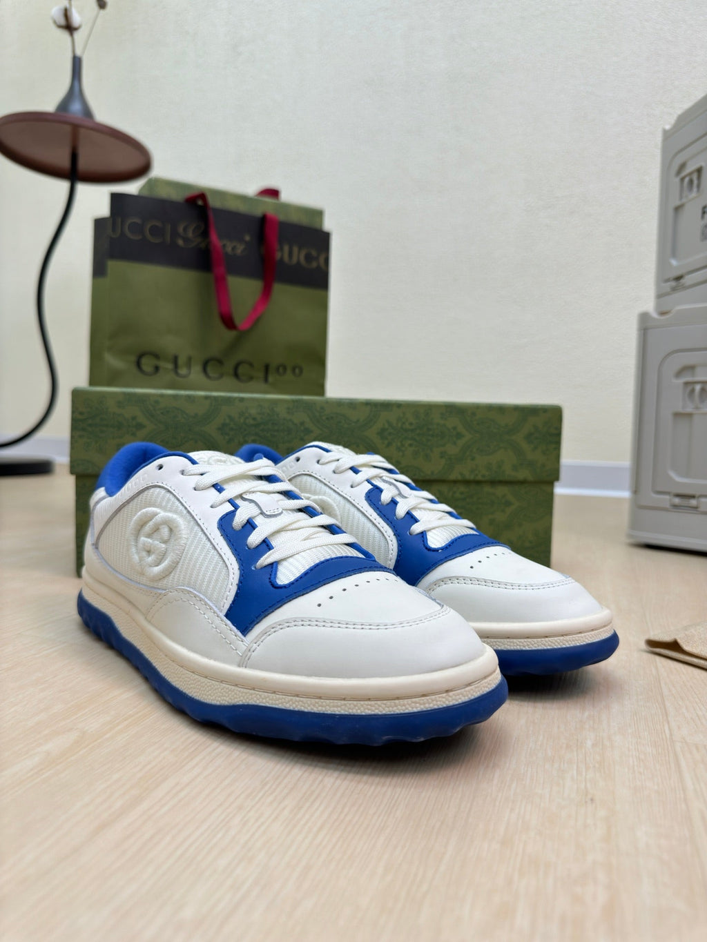 GUCCI INTERLOCKING G SNEAKER BLUE WHITE CALFSKIN AND FABRIC
