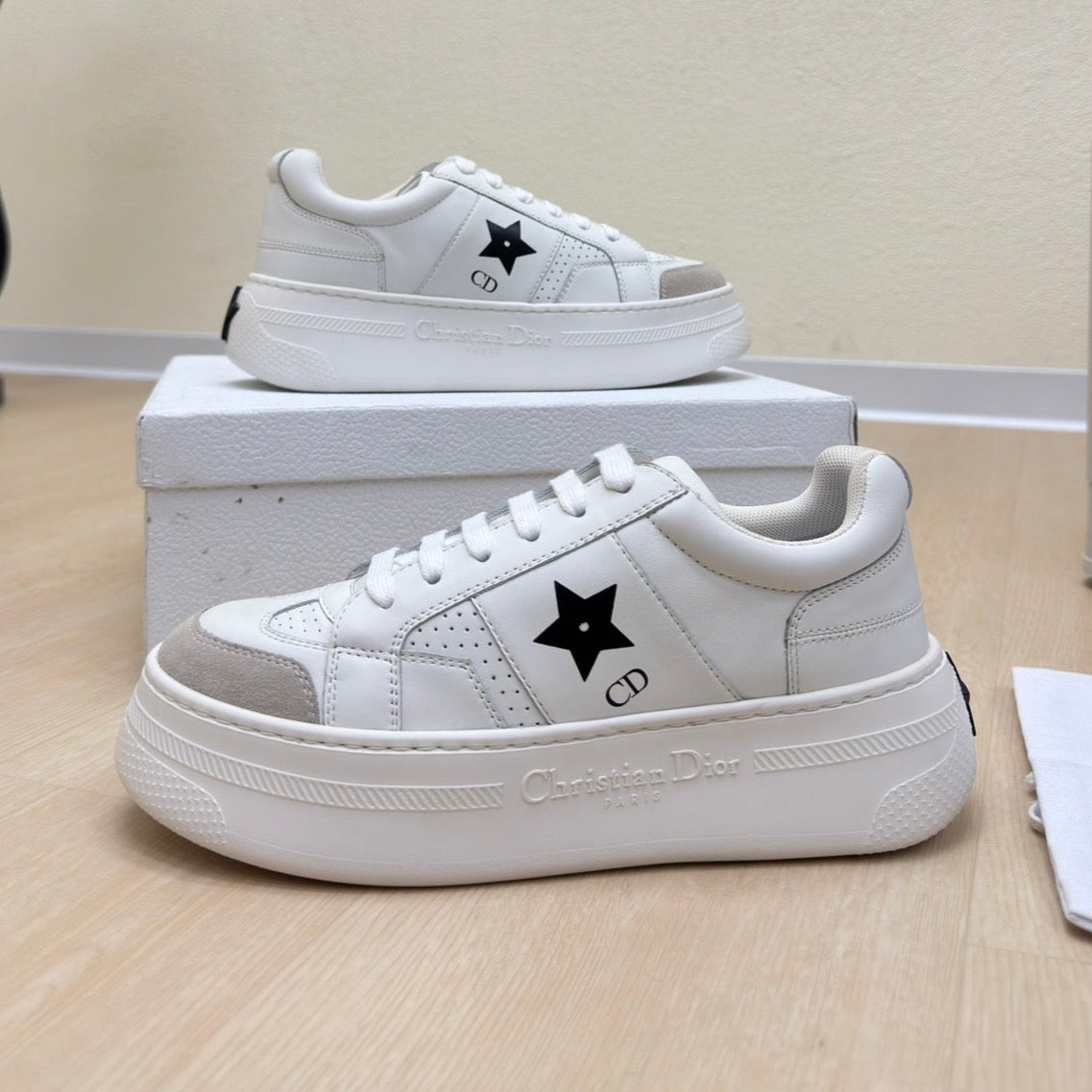 DIOR BLACK STAR PLATFORM SNEAKER IN WHITE CALFSKIN AND SUEDE