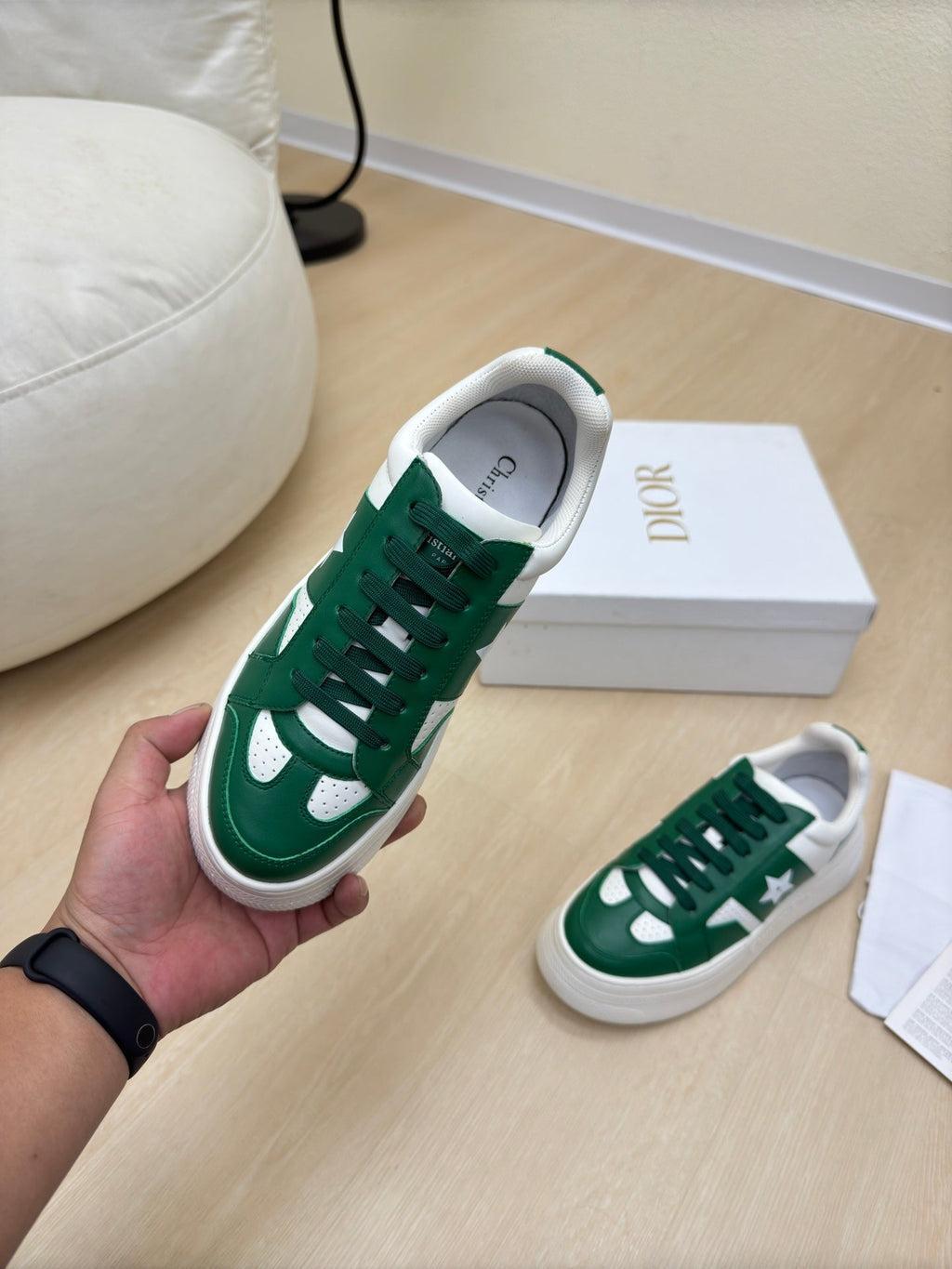 DIOR STAR PLATFORM SNEAKER IN WHITE MIX EMERALD GREEN CALFSKIN