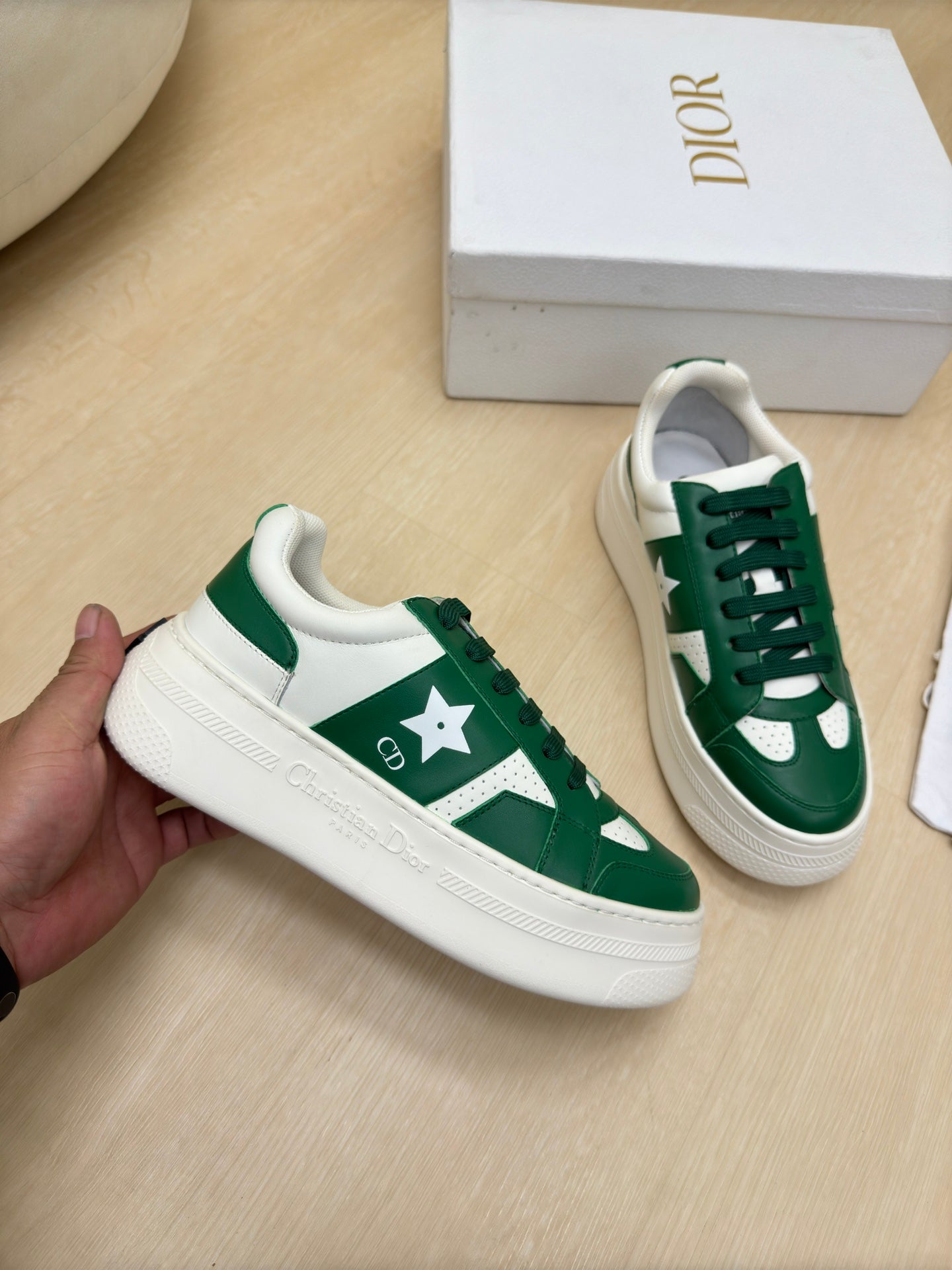 DIOR STAR PLATFORM SNEAKER IN WHITE MIX EMERALD GREEN CALFSKIN