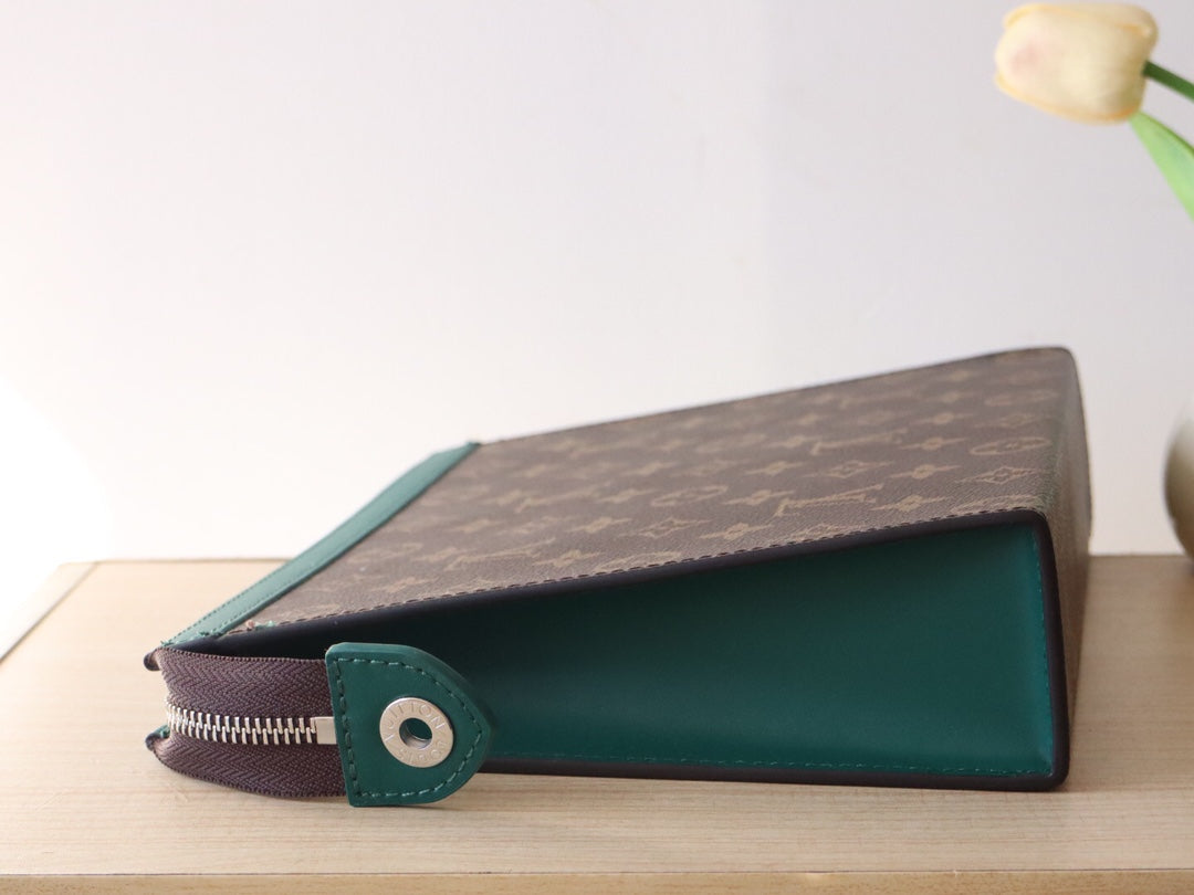LOUIS VUITTON LV 25S POCHETTE VOYAGE 26 IN BORNEO GREEN MONOGRAM MACASSAR COATED CANVAS