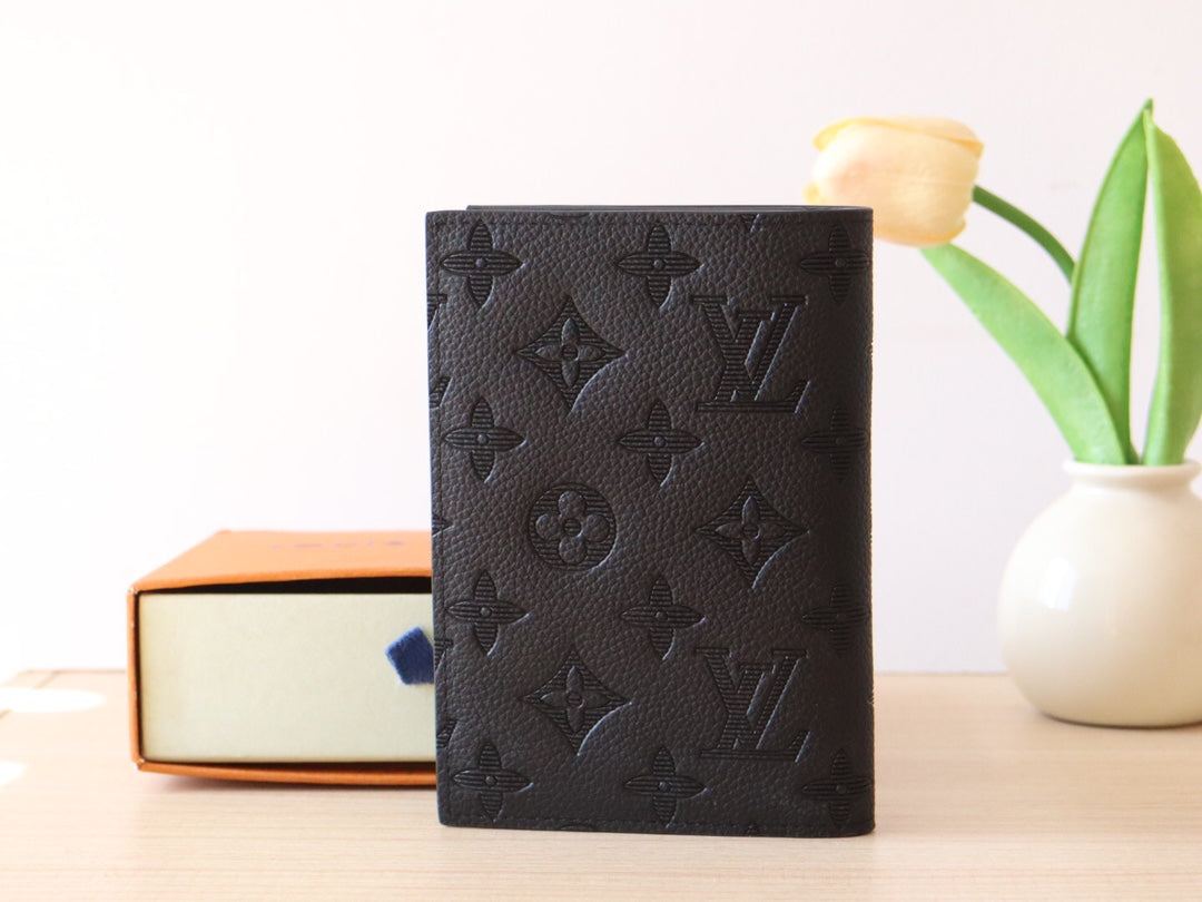 LOUIS VUITTON LV 25S PASSPORT HOLDER 14 IN BLACK EMBOSSED MONOGRAM SHADOW CALFSKIN