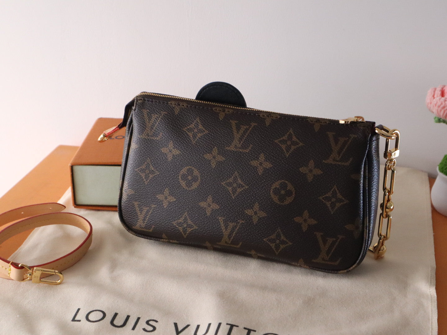 LOUIS VUITTON PANDA POCHETTE BAG 22 IN BROWN MONOGRAM COATED CANVAS