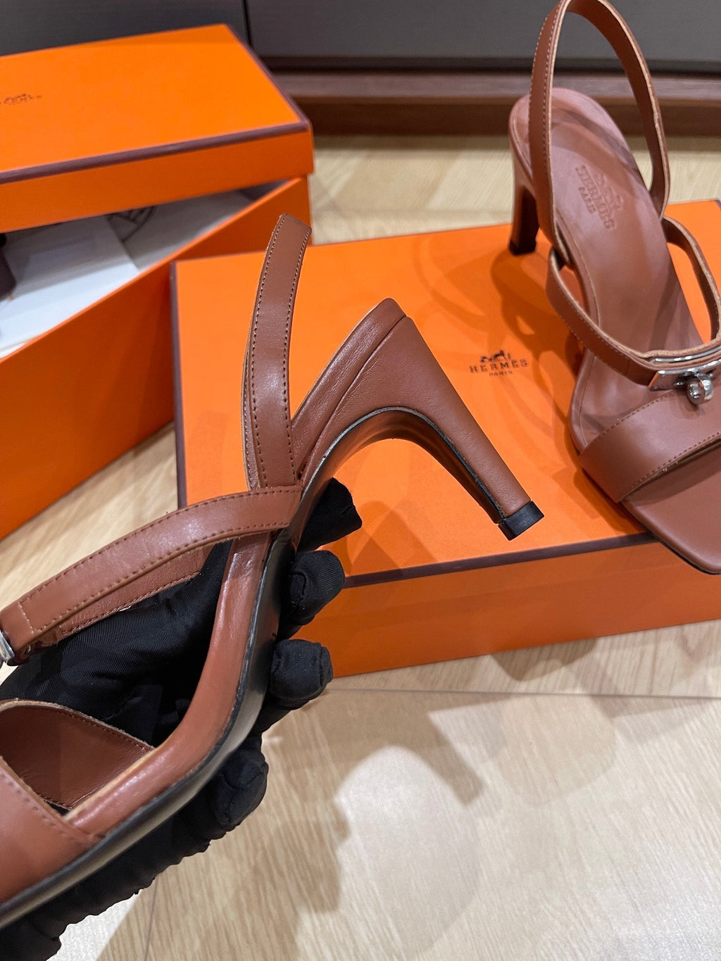 HERMES GLAMOUR 75 SANDAL CHOCOLATE CALFSKIN