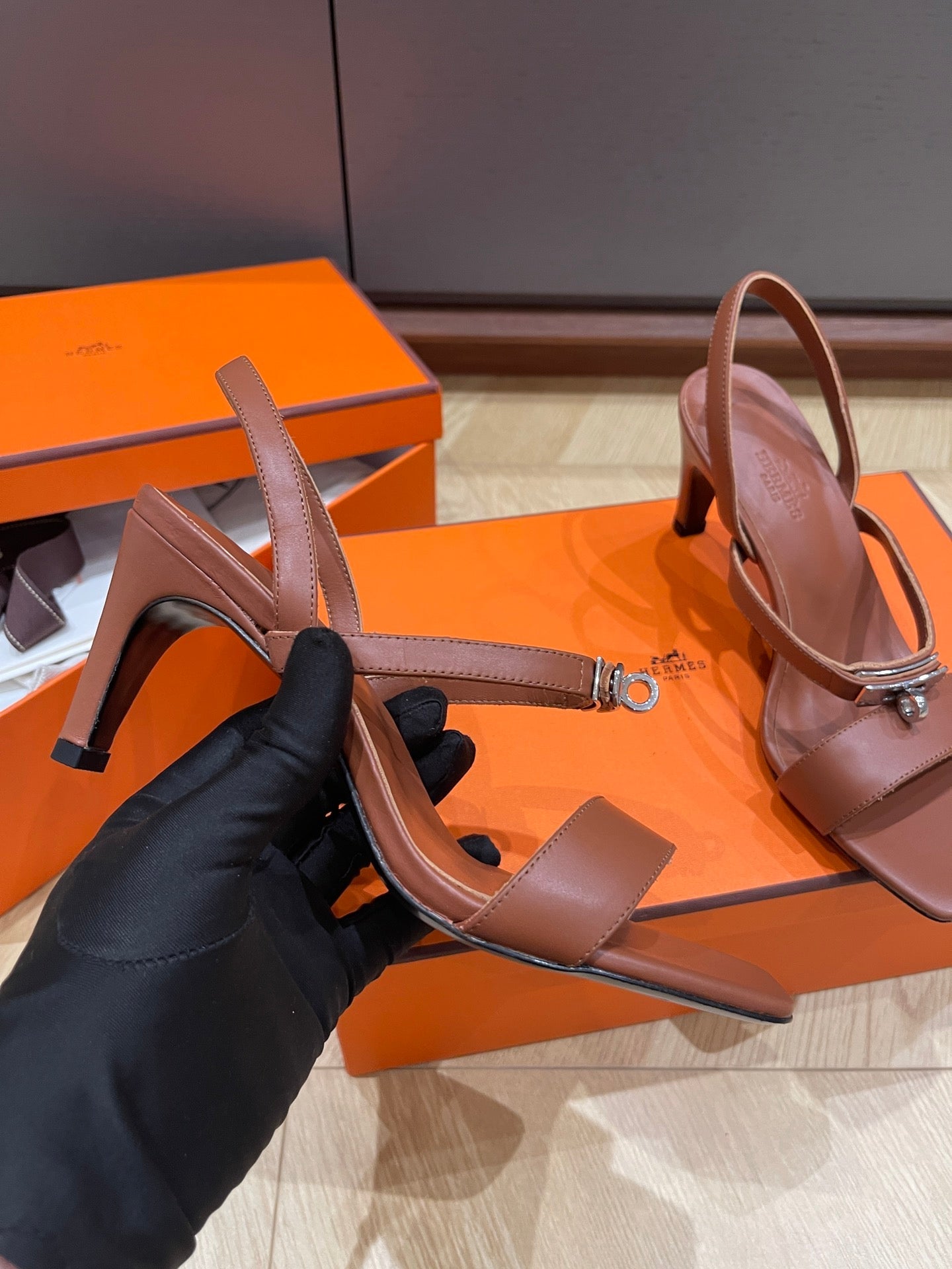 HERMES GLAMOUR 75 SANDAL CHOCOLATE CALFSKIN