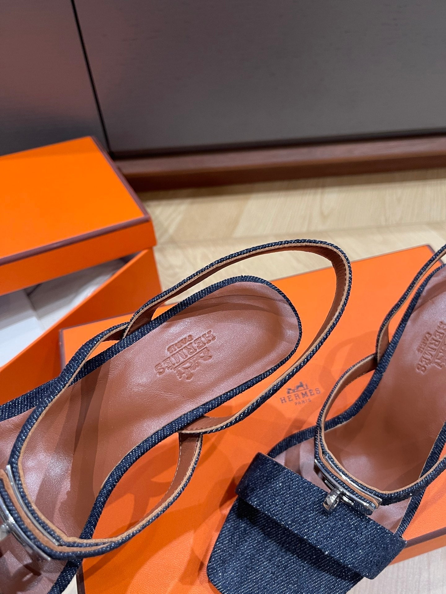 HERMES GLAMOUR 75 SANDAL DENIM CALFSKIN